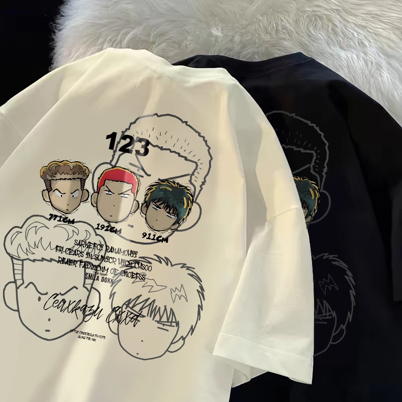 纯棉短袖t恤男童新款2024夏季日系卡通印花灌篮高手中大童上衣潮