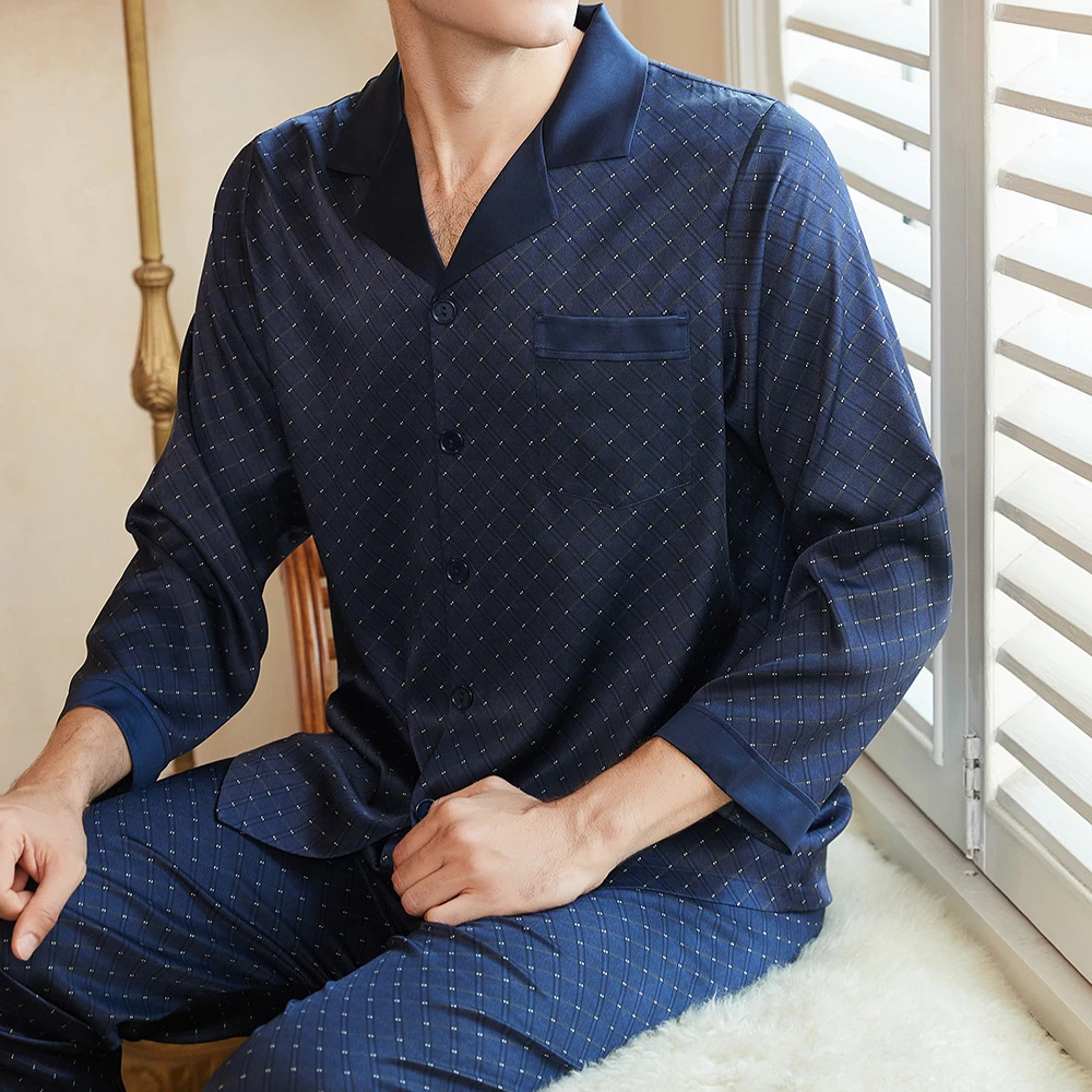 男士19姆米6A桑蚕丝重磅真丝睡衣裤套装绅士格纹短袖长裤家居服男