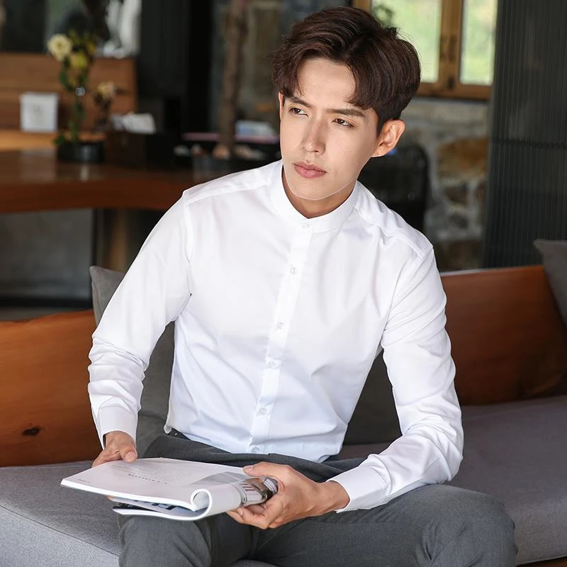 新款男士白色长袖中华立领衬衫免烫商务休闲职业白衬衣圆领正装男