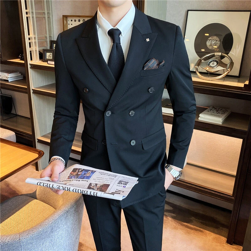 高端双排扣西服套装男士韩版修身西装三件套职业正装新郎结婚礼服