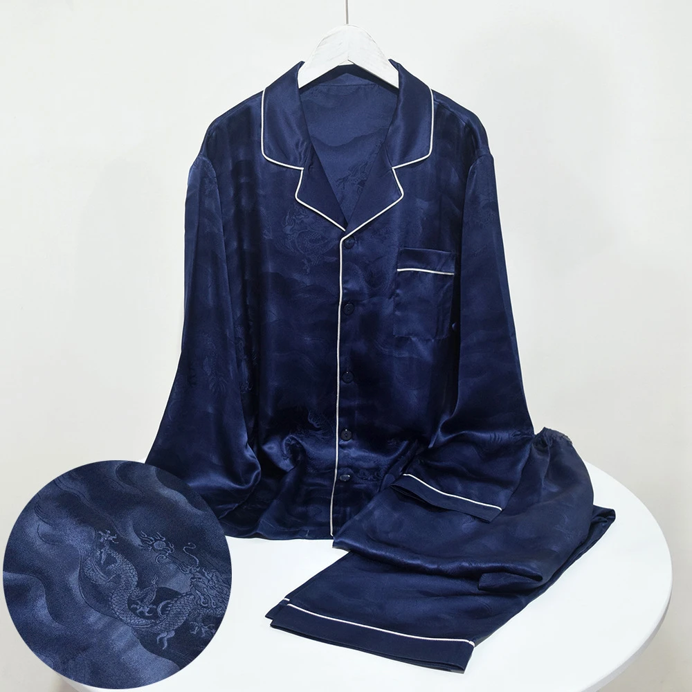 龙纹提花重真丝睡衣男款100桑蚕丝长袖两件套装磅丝绸家居服男士