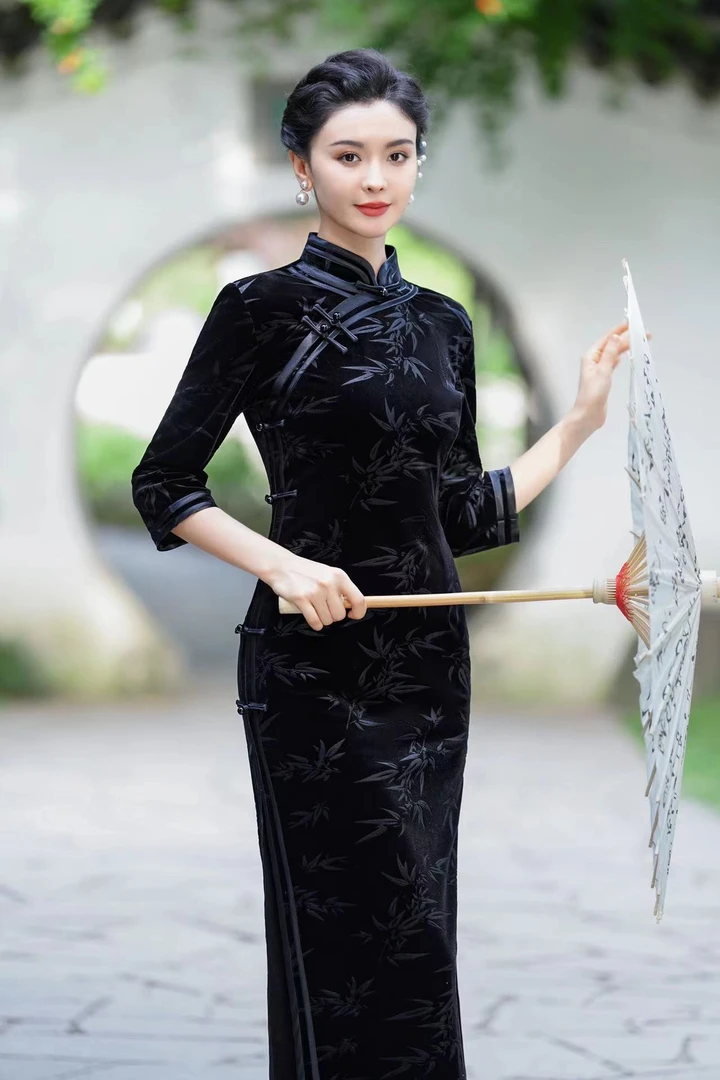 【黑色暗竹】2023秋季新款复古百搭优雅大方日常淑女旗袍