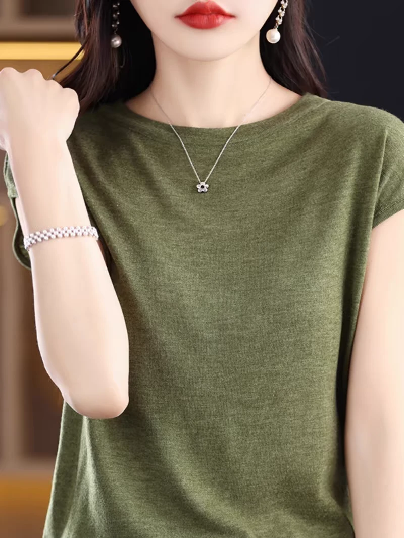 军绿色飞袖精仿羊毛圆领打底衫显瘦气质百搭夏季套头纯色薄款