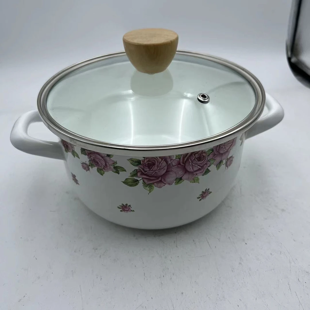 20cm【粉玫瑰】搪瓷福型锅汤锅油罐玻璃盖