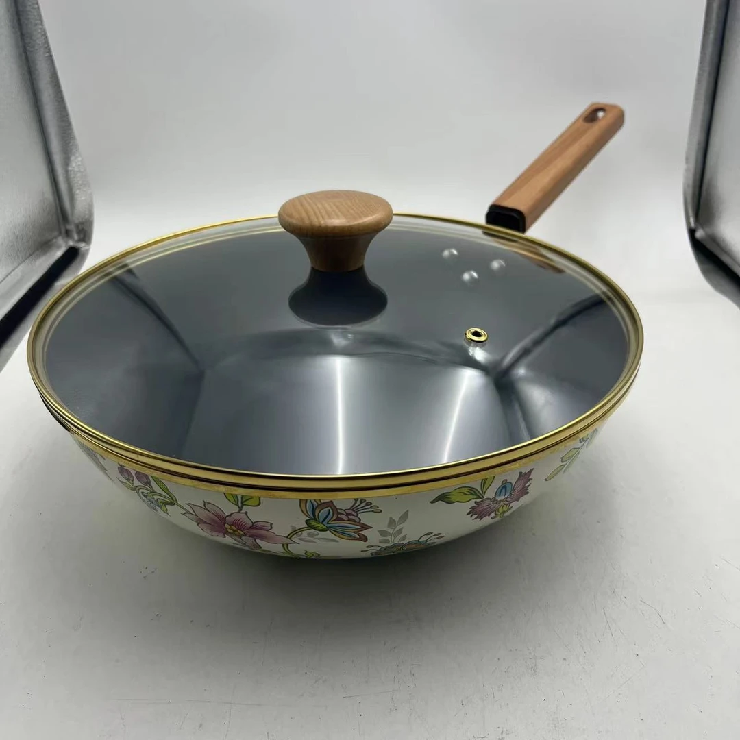 30.9cm芳香搪瓷珐琅炒锅不粘锅木柄