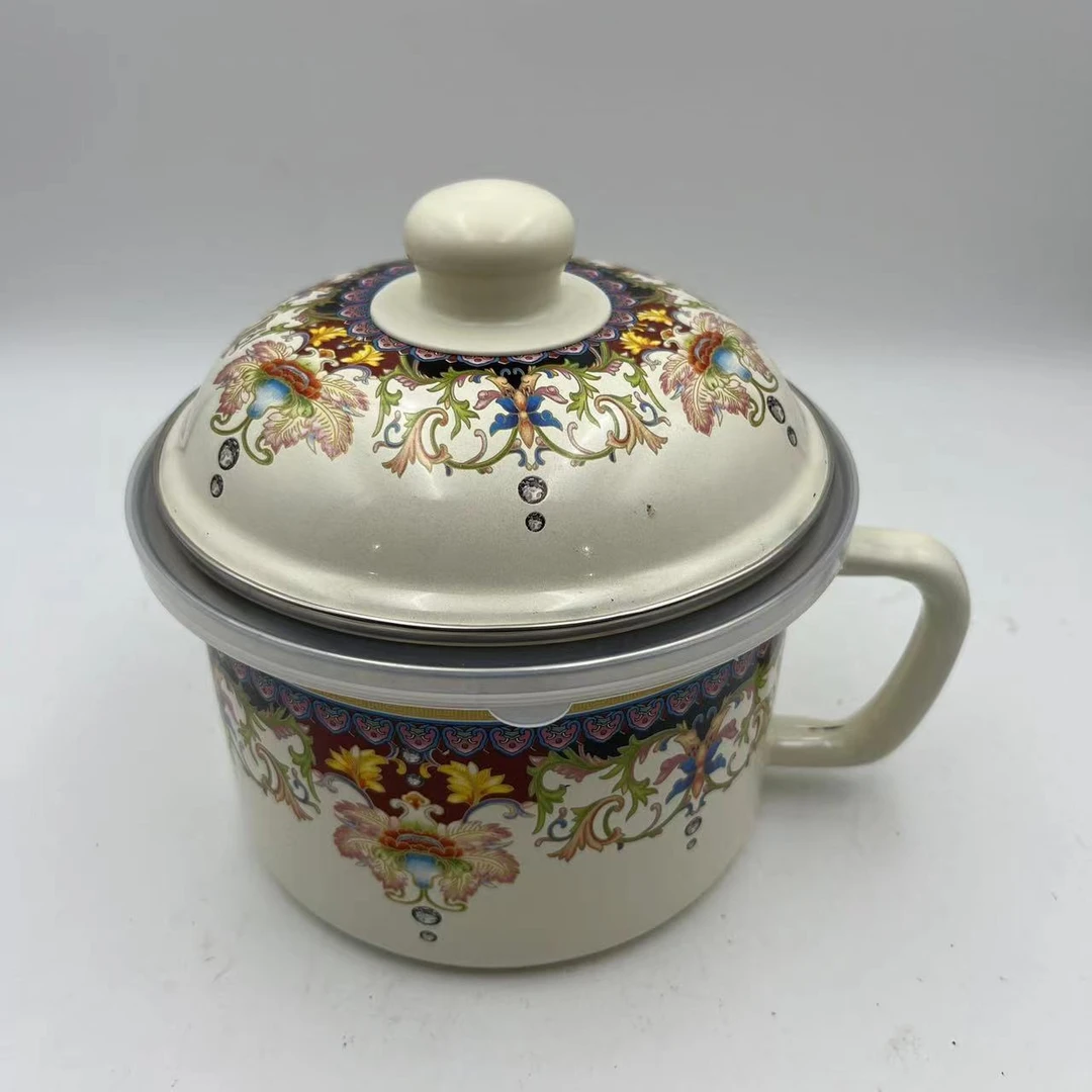 16cm珍品搪瓷珐琅杯泡面杯油罐保鲜杯小汤锅双盖电磁炉明火通用