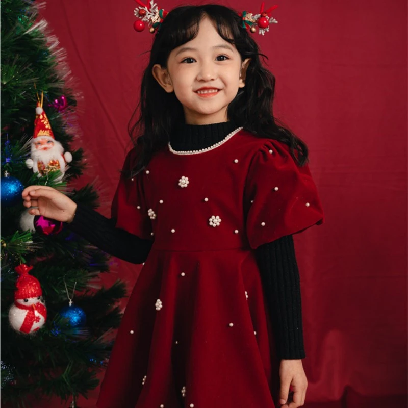 A240女童秋冬装圆领丝绒泡泡袖钉珠短袖裙儿童礼服加绒加厚连衣裙