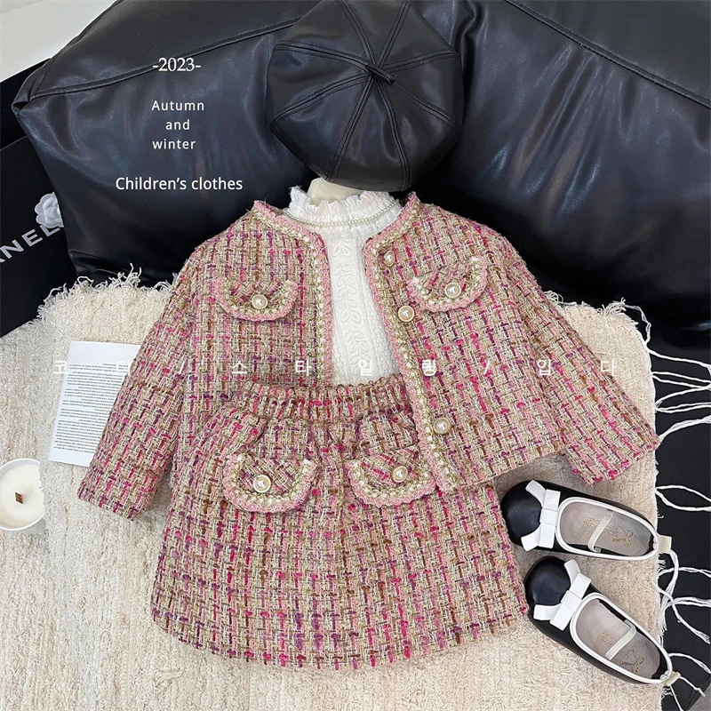 女童格子小香风套装冬季新款韩版女孩时尚外套宝宝儿童短裙两件套