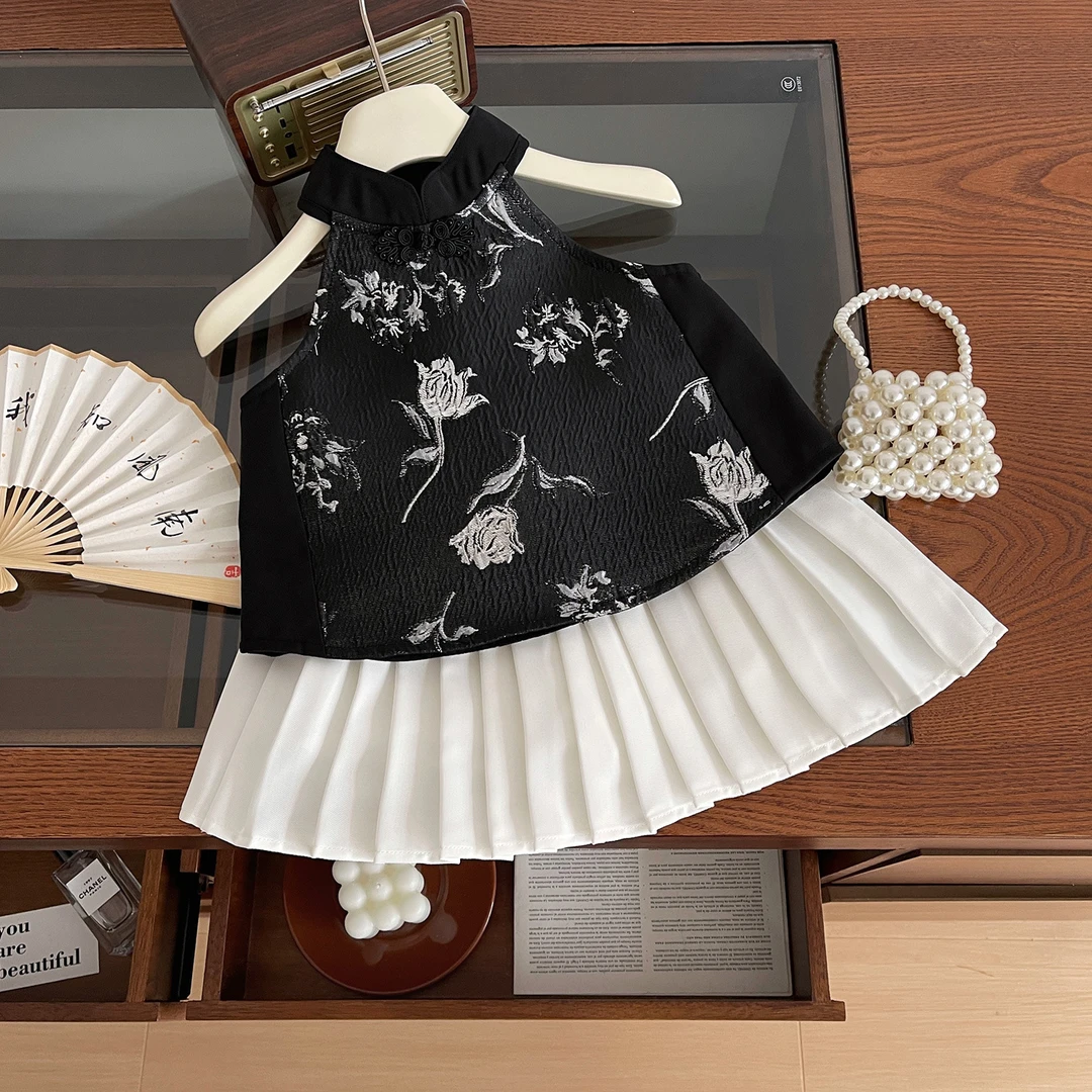 新中式国风旗袍女童套装裙夏季女宝宝刺绣挂脖背心百搭短裙两件