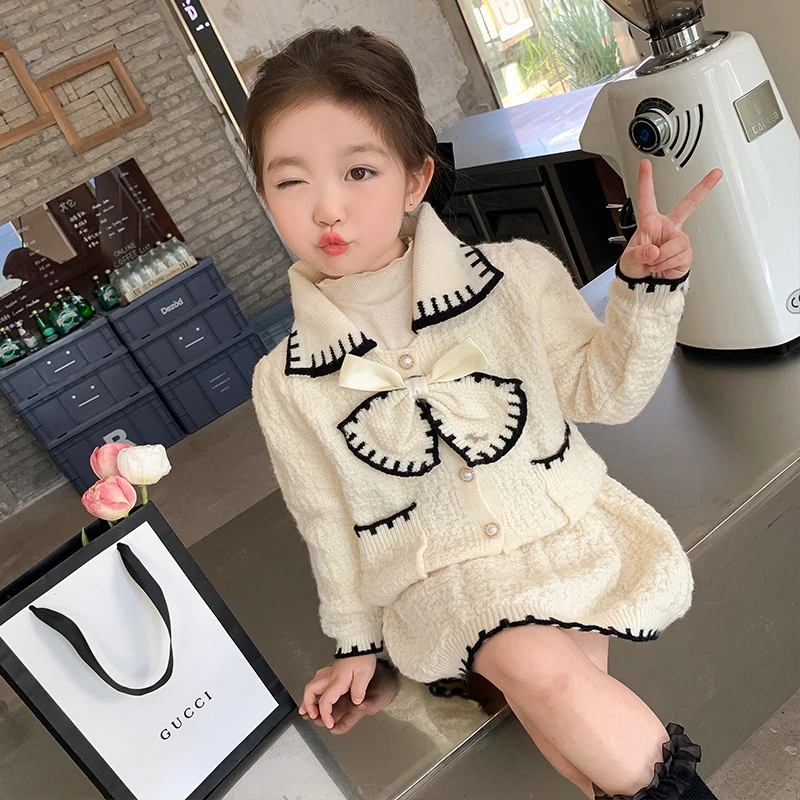 女童春秋款小香风毛衣裙2024新款洋气女宝宝网红秋装儿童针织套装