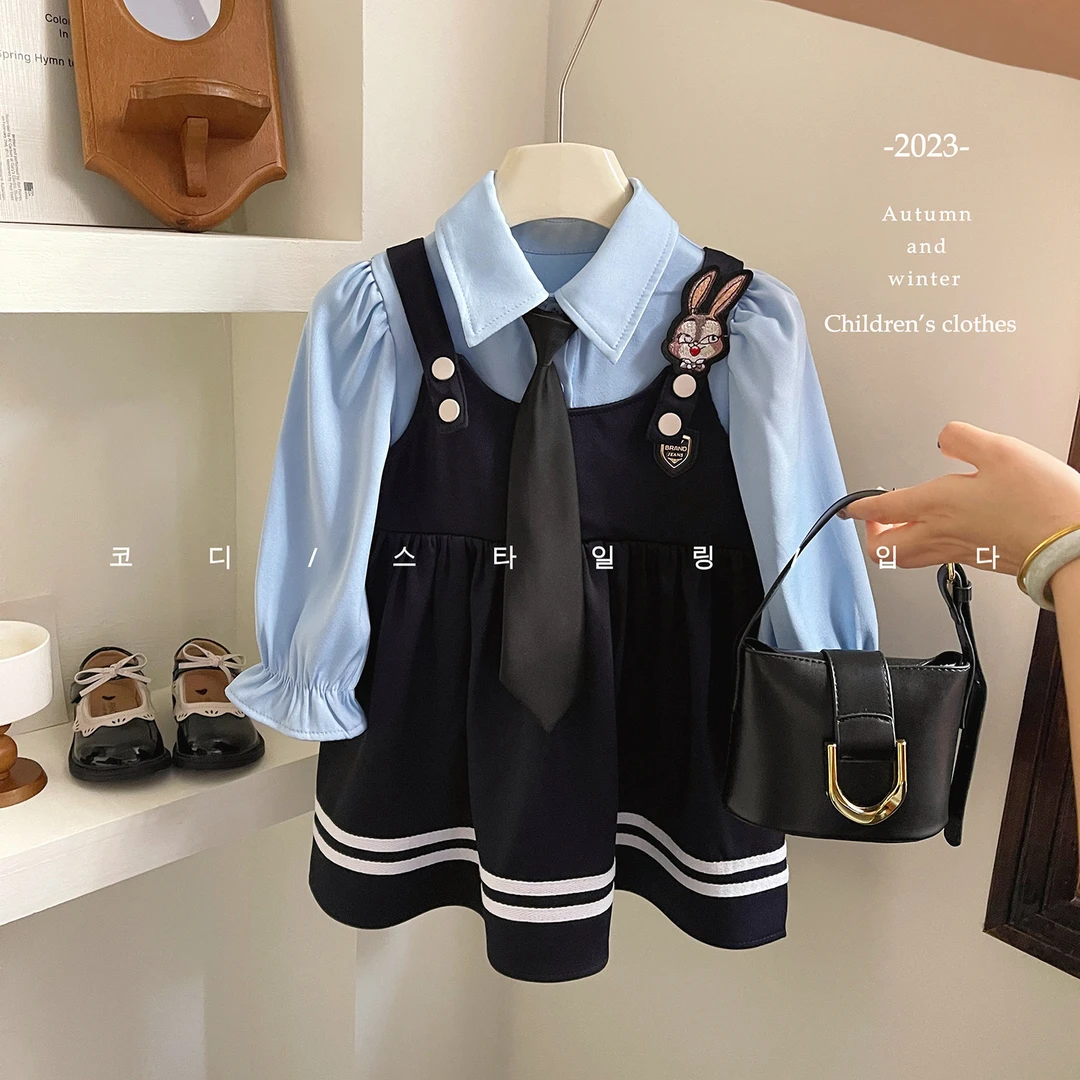 春秋灰姑娘女童连衣裙秋款2024新款儿童学院风假两件公主裙小女孩