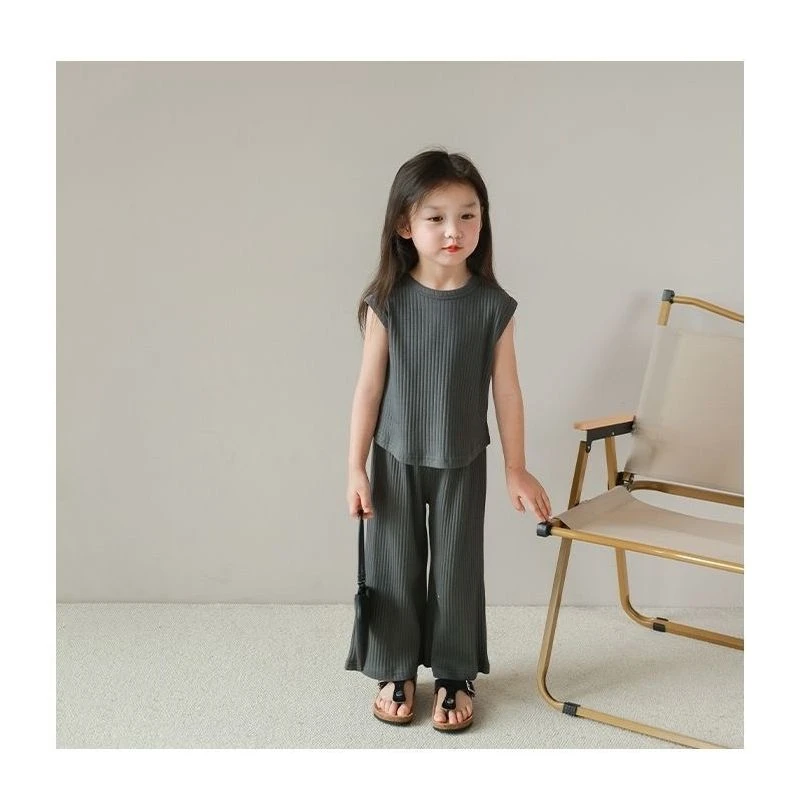 夏装女童冰丝透气无袖套装女宝宝洋气背心长裤儿童宽松透气上衣潮