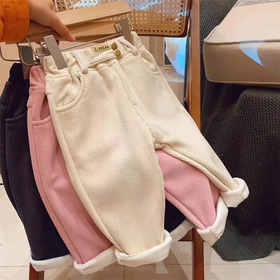 女孩韩版冬季一体绒灯芯绒休闲裤2024新款加厚弹力条绒百搭裤子潮