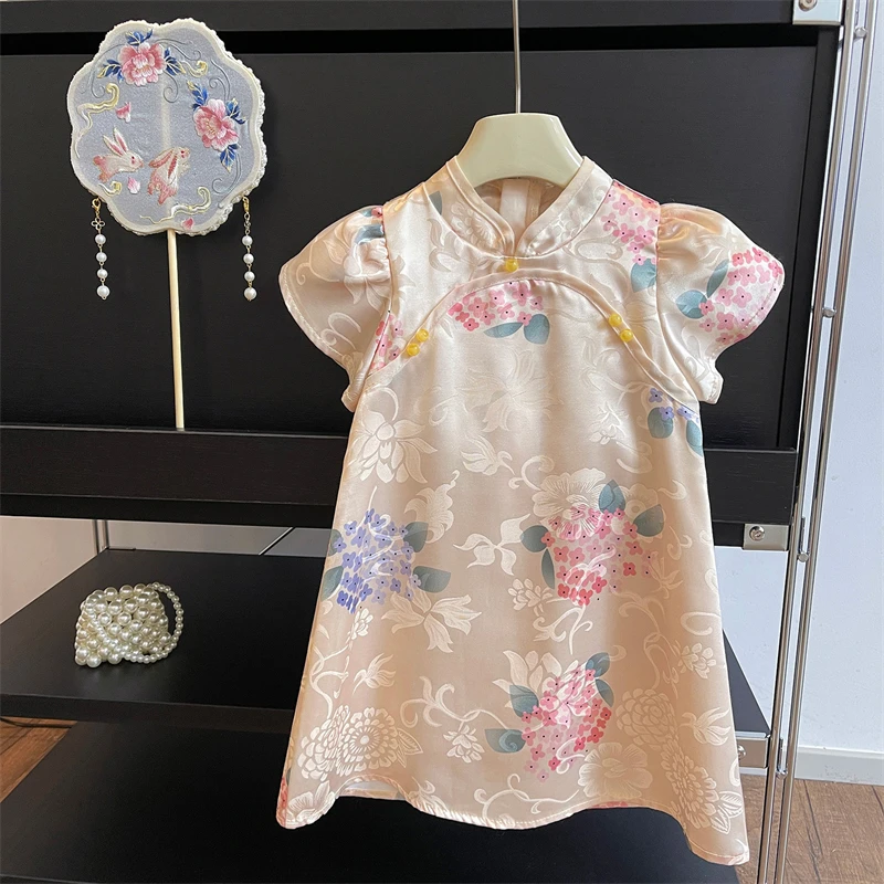国风女童感国潮风绸缎短袖旗袍2024夏季新款女宝宝复古礼服连衣裙