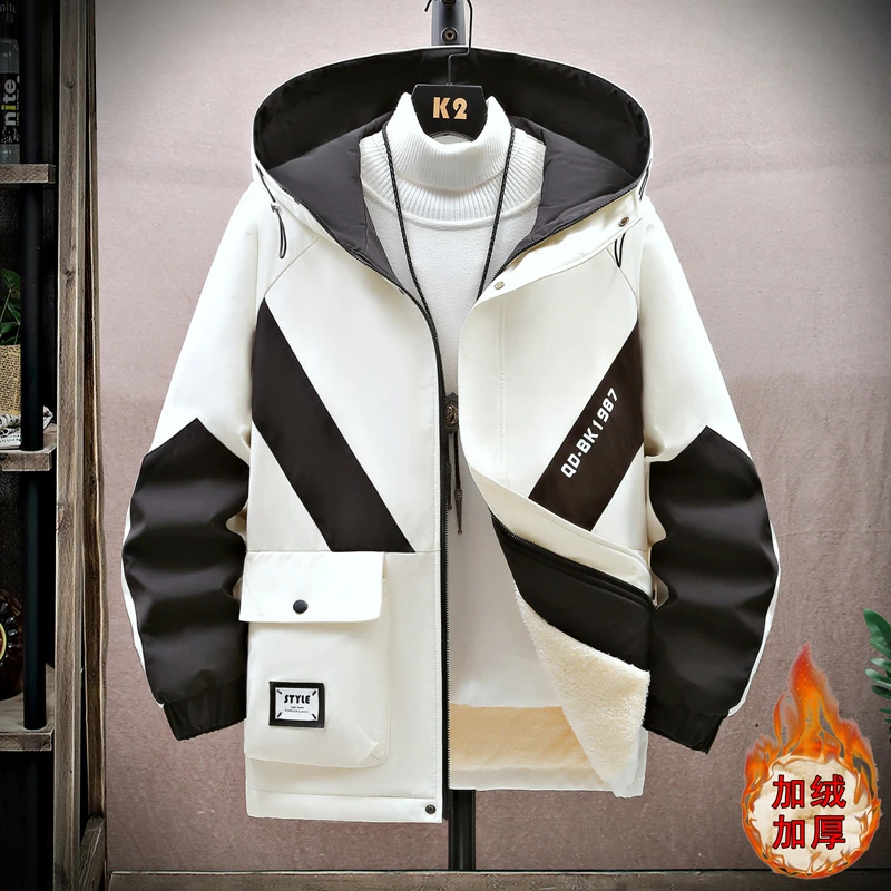 加绒加厚连帽夹克男士秋冬季新款韩版潮流保暖外套宽松拼色上衣服