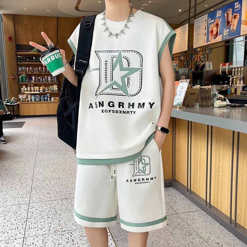 夏季时尚无袖一整套百搭男士青少年学生潮流宽松透气背心两件套