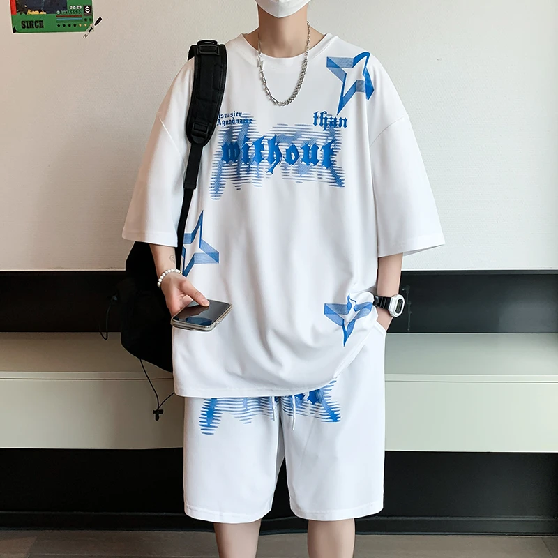 短袖短裤套装男士夏季新款青少年个性印花半袖体恤搭配五分裤一套