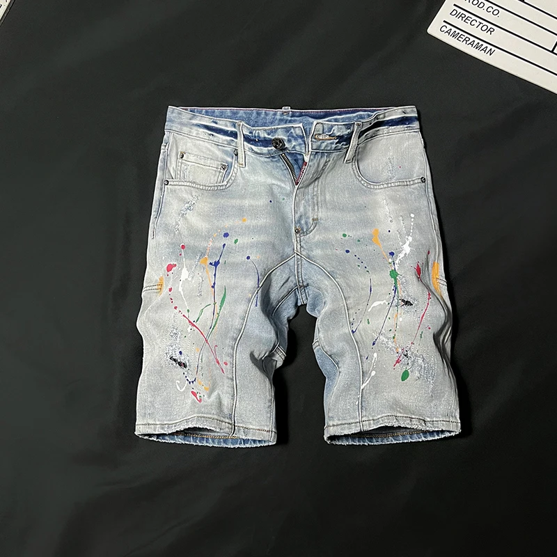 美式重磅牛仔短裤男泼墨油漆点浅色破洞高街水洗复古百搭五分裤子