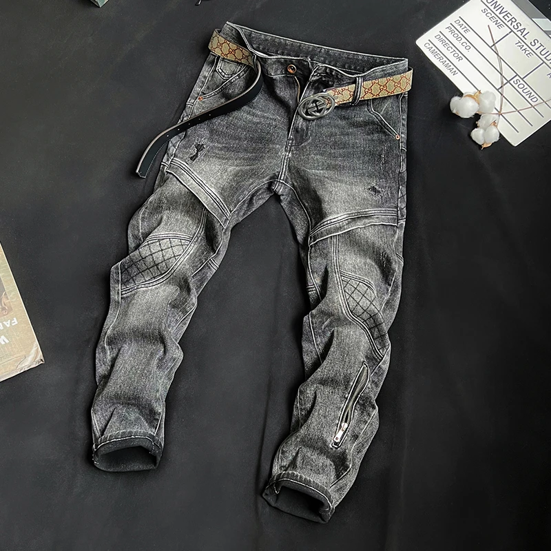 2025春秋潮牌百搭牛仔裤男韩版修身小脚高端男士拉链拼接弹力裤子