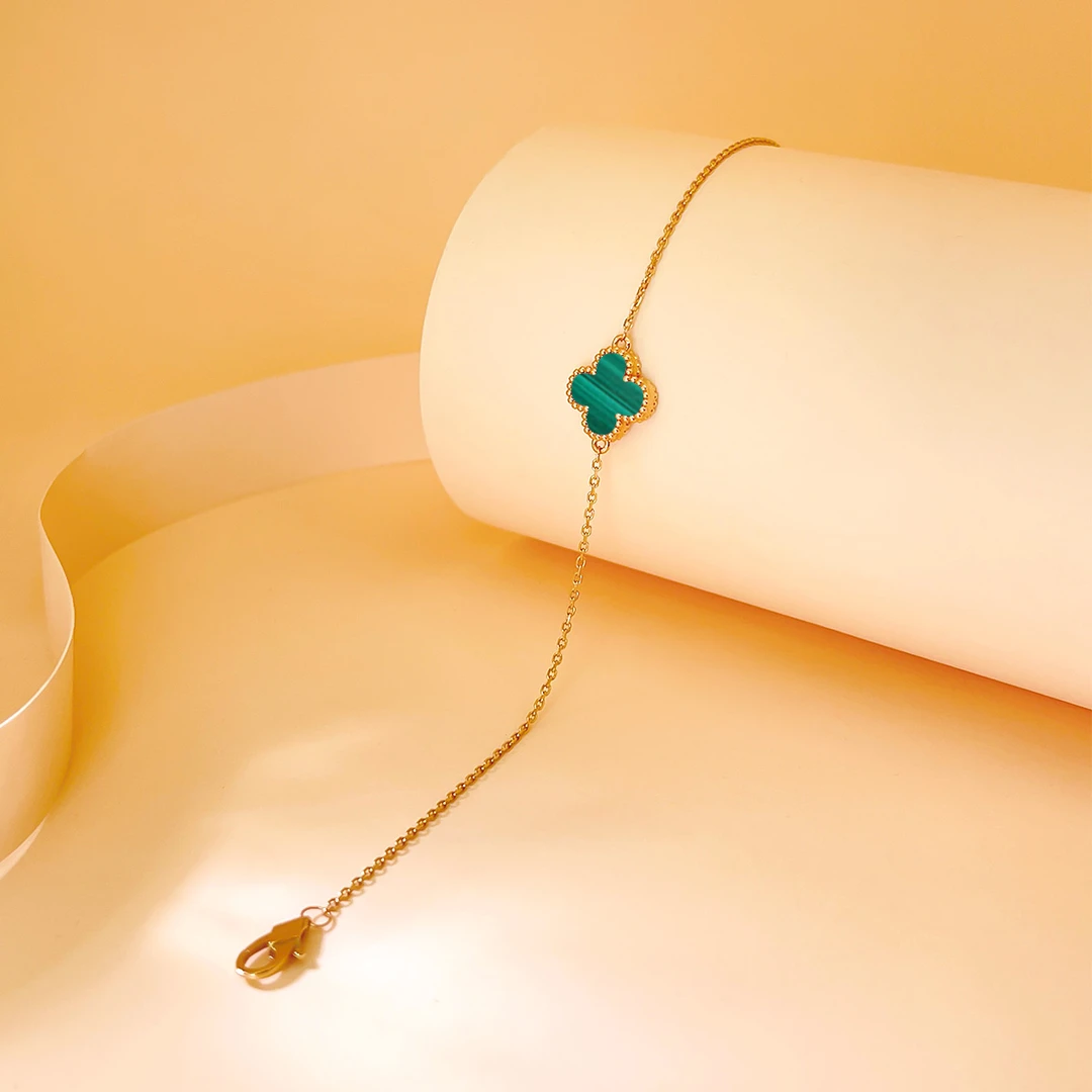 DEMONE/黛慕妮18K金孔雀石幸运四叶草单花手链AU750彩金（重金版）