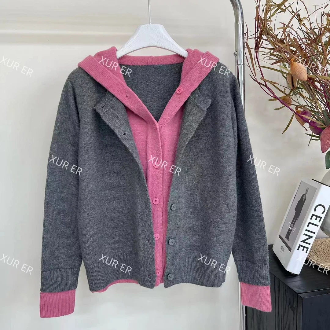 雪儿 X742洋气款撞色拼接假俩件连帽针织上衣毛衣叠搭外套
