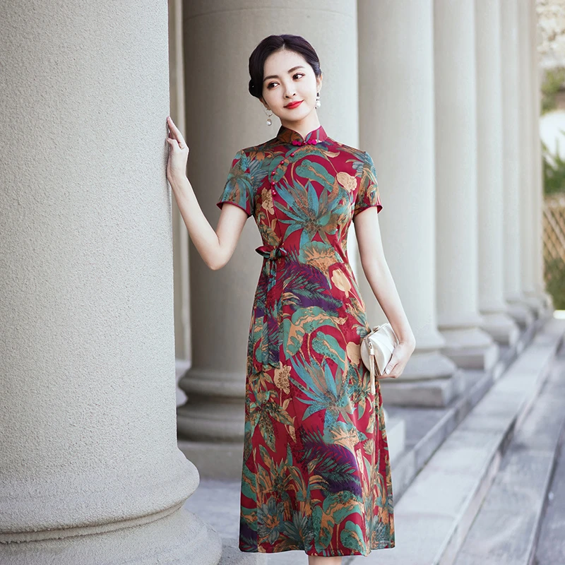 新中式旗袍2025夏季新款改良复古妈妈连衣裙长款女小个子日常红色