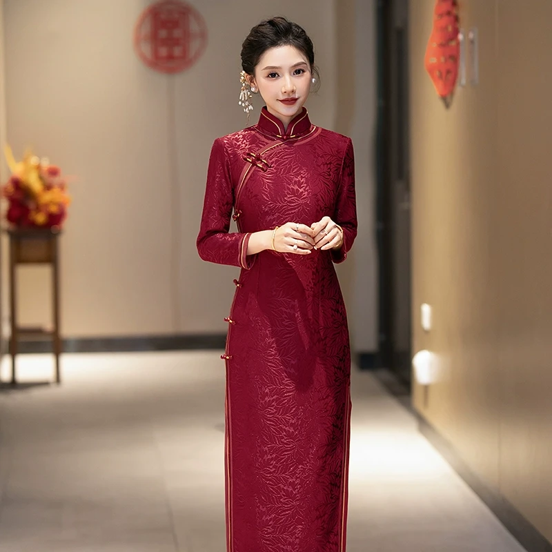 红色旗袍冬季敬酒服秋季新款订婚结婚新娘回娘家喜婆婆妈妈装婚宴