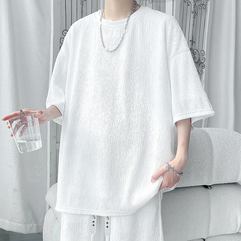 褶皱纹理感短袖T恤男2025夏季新款纯色宽松百搭薄款潮流半袖上衣