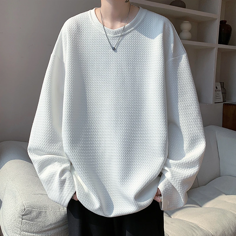 纪珀汀潮流男士新款提花纹理纯色宽松圆领百搭休闲长袖T恤T21730