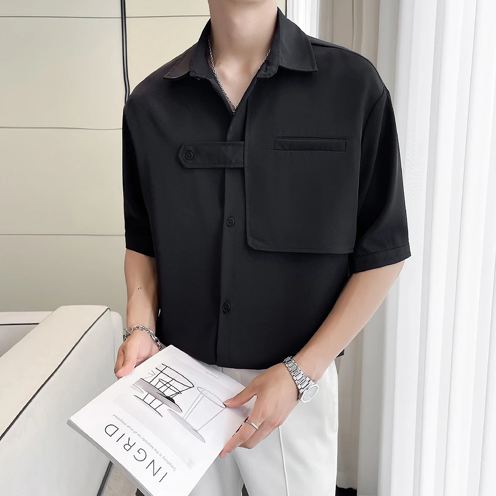 阿航原创2024夏季设计感痞帅时尚潮流宽松薄款垂感衬衫假两件衬衣