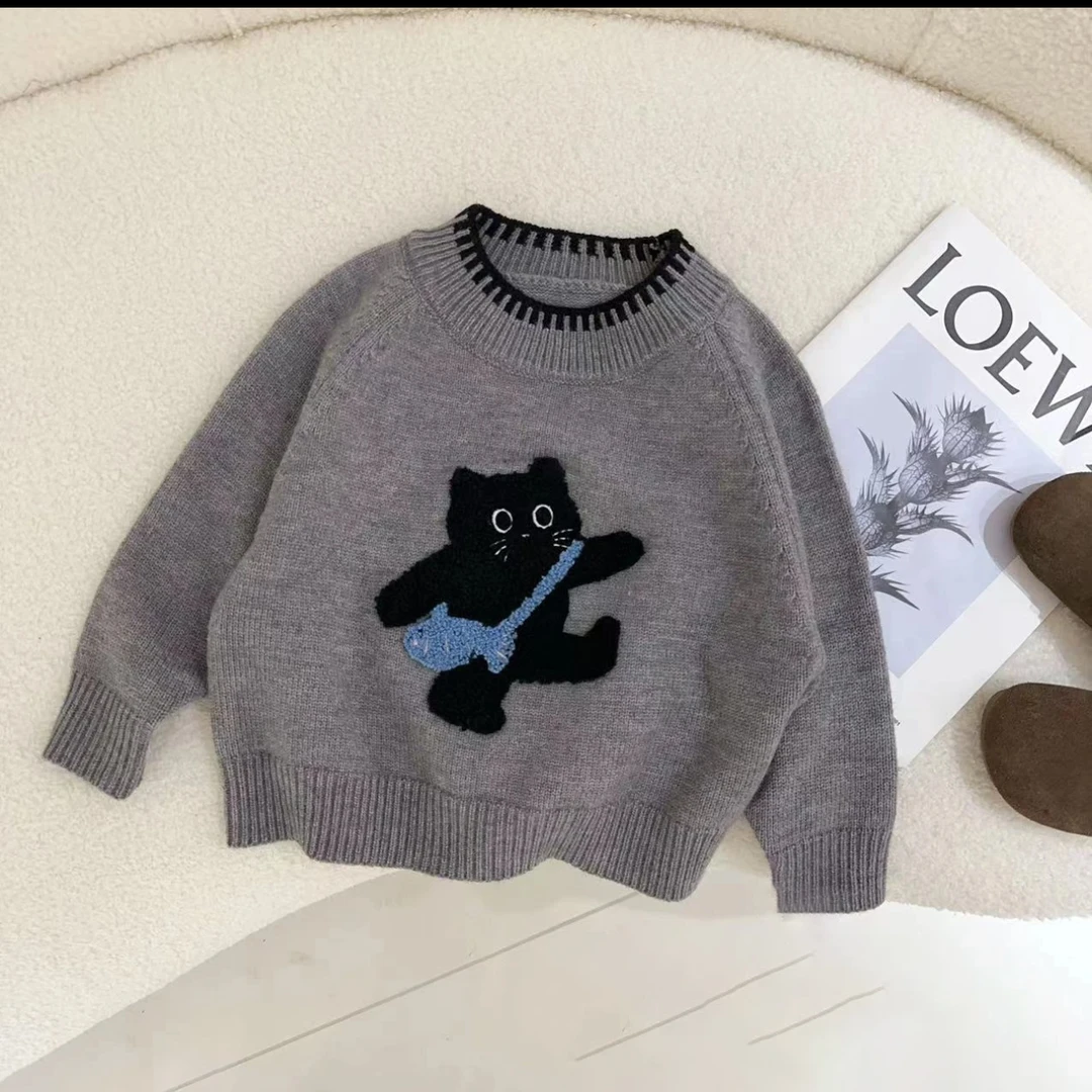 爆款加厚童装2024冬季上新韩系甜美卡通调皮猫刺绣圆领毛衣洋气