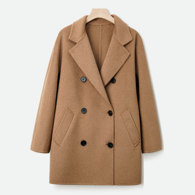 驼色双面呢大衣女100毛小个子短款简约高端羊毛呢外套2024新秋冬
