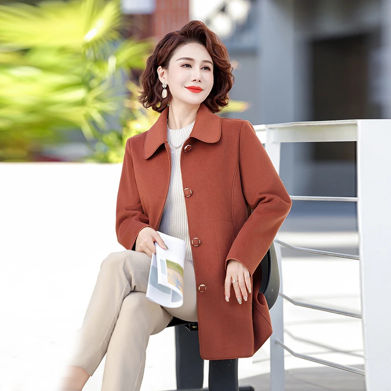 中年妈妈春装洋气质外套大码中老年女装春秋双面呢子大衣高贵风衣