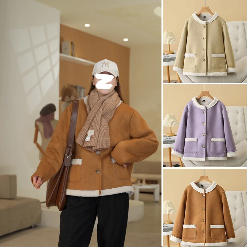 大码加绒外套女2024秋冬新款200斤时尚加厚宽松休闲单排扣上衣