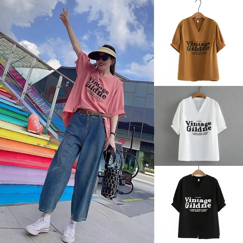 悠悠百搭V领字母T恤女大码夏装短袖后背开叉宽松遮肉上衣韩版半袖
