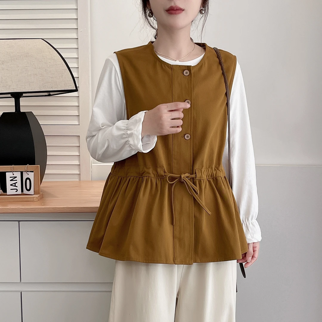 2024秋季新款文艺圆领无袖上衣胖mm大码女装设计感收腰抽绳马夹