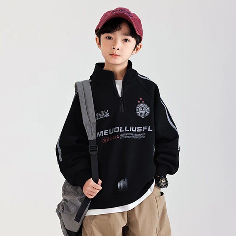 男童卫衣冬装2024新款儿童秋冬加厚一体绒polo领上衣男孩立领衣服