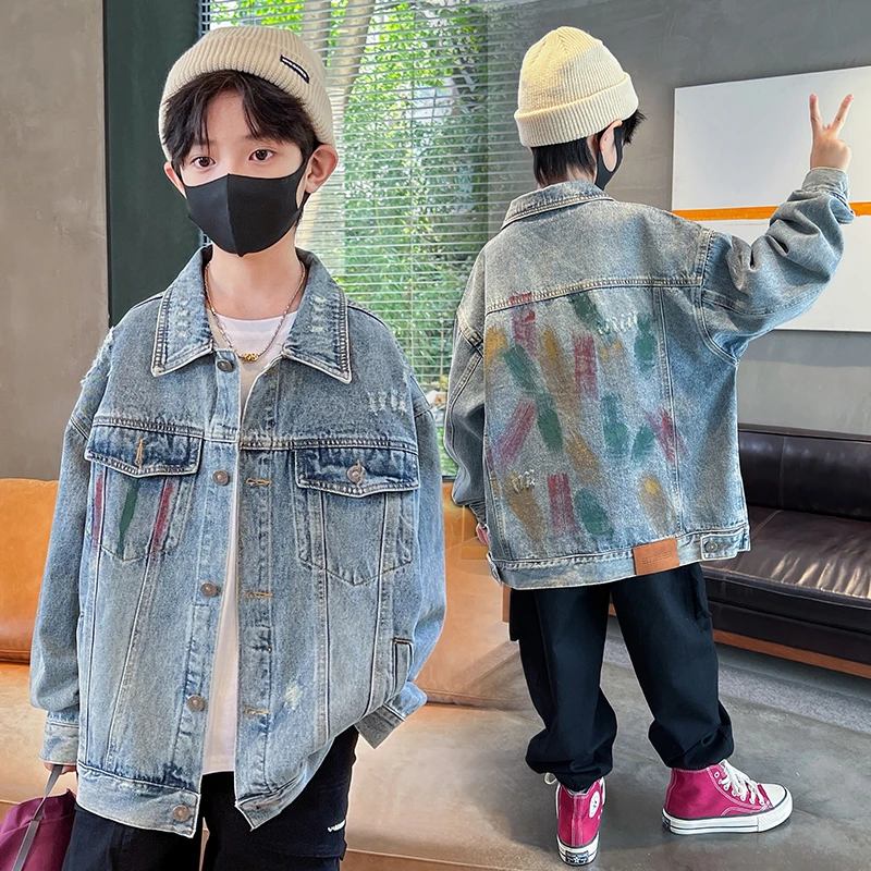 男童春季牛仔外套春秋款2025新款儿童炸街洋气涂鸦外套中大童痞帅