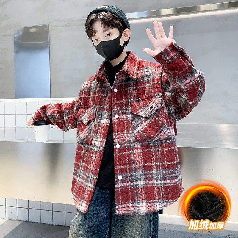 男童加绒毛呢格子外套中大童一体绒冬季儿童衬衫韩版男孩2023秋冬