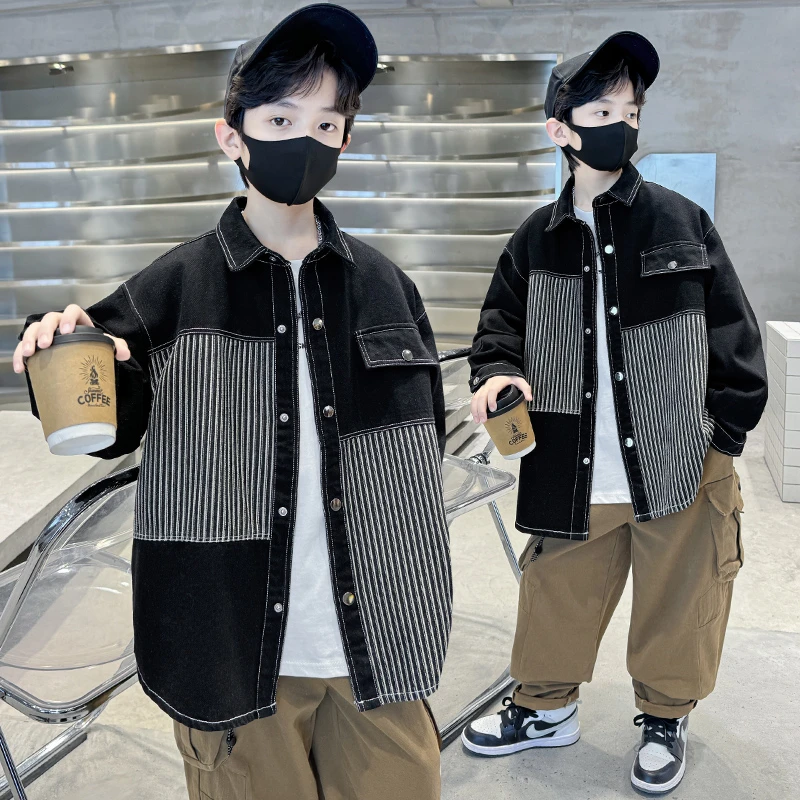 男童秋装拼色条纹牛仔外套春秋款2024新款儿童炸街长袖衬衫中大童