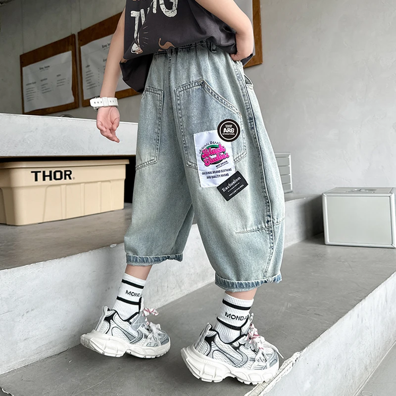 儿童装男童夏装薄款裤子2024新款潮酷软牛仔短裤夏款男孩七分裤潮