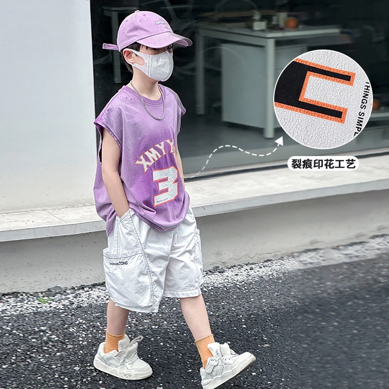 童装男童夏套装2024新款中大童夏季背心潮帅气时髦无袖透气两件套