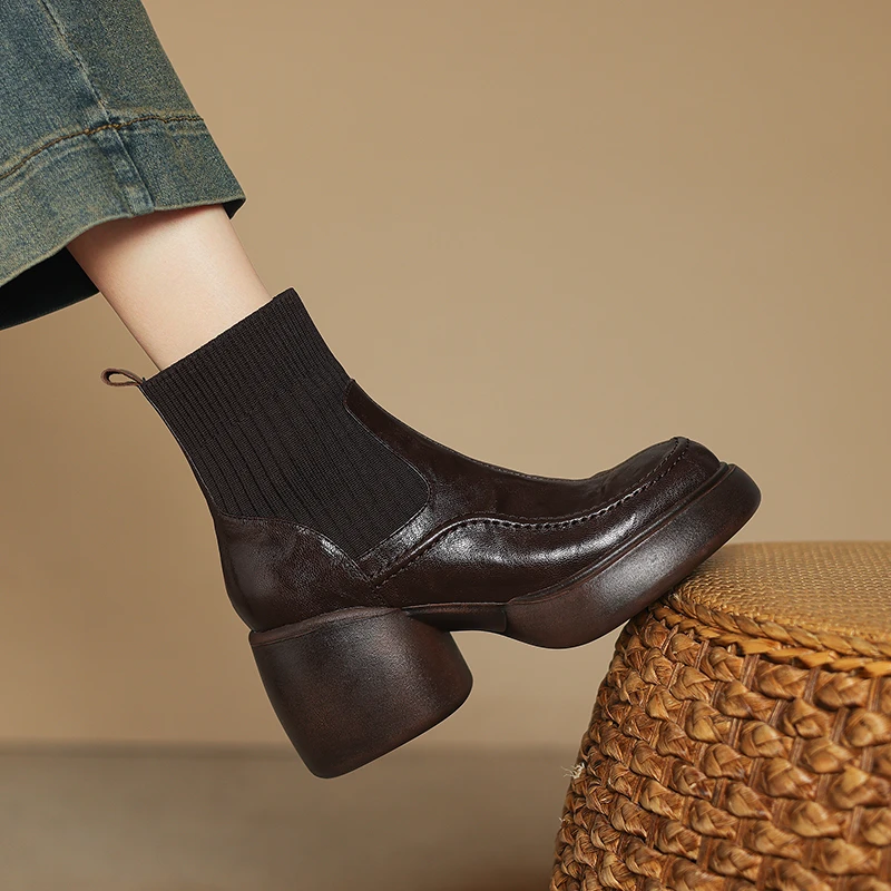 羊皮 7.5厘米34-40 柔软舒适厚底短靴真皮单靴英伦风复古女短靴