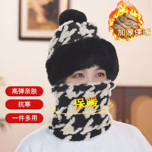 秋冬女款时尚加厚千鸟格加绒加厚防寒骑车时尚帽年轻提花绒一体帽