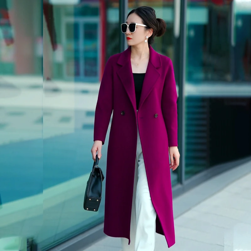 紫色手缝双面羊毛大衣女中长款过膝修身显瘦新款西装领大衣外套