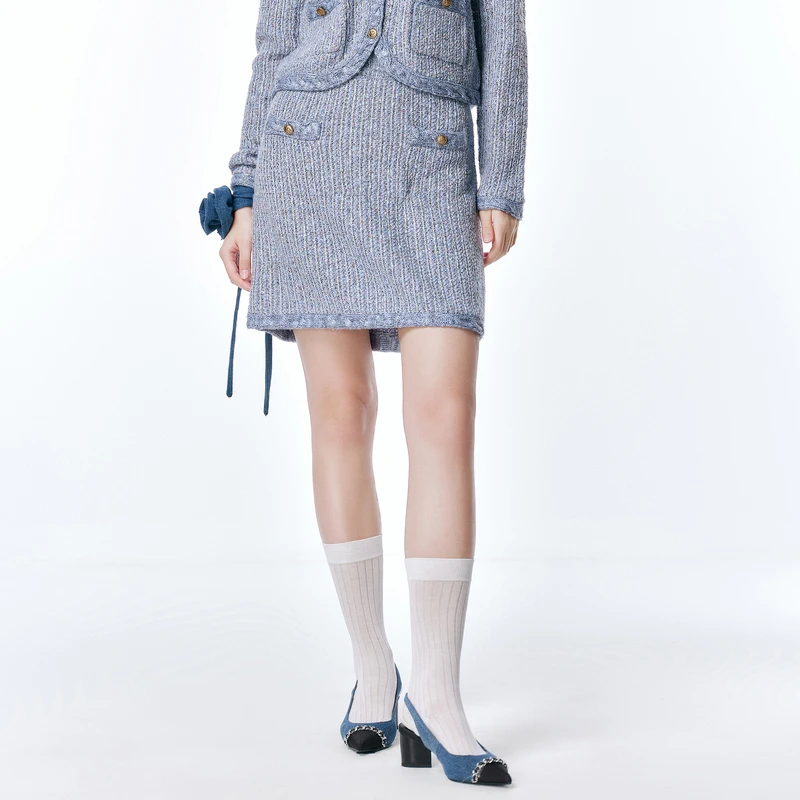 DOUBLOVE贝爱24早春新款甜美小香风针织半身裙高腰小A裙含羊毛