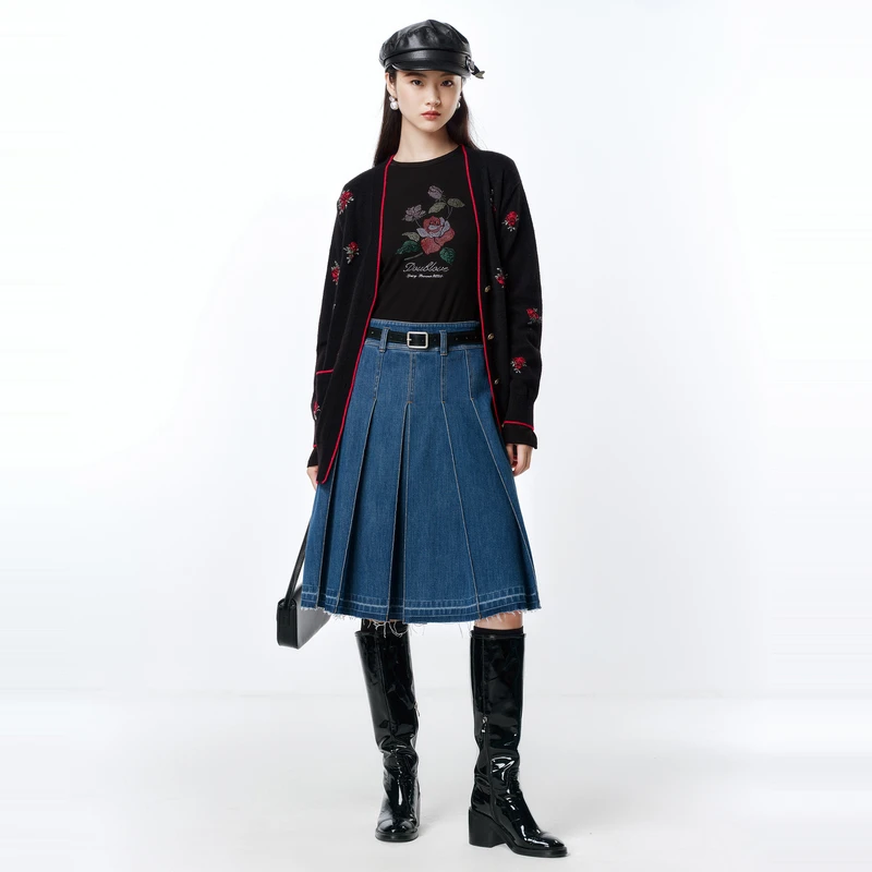 【玫瑰提花毛衣开衫长款】针织外套含羊驼毛DOUBLOVE贝爱早春新款