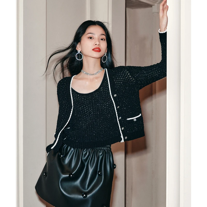 直播专享优雅小香风针织开衫V领毛衣外套含羊毛DOUBLOVE贝爱春款