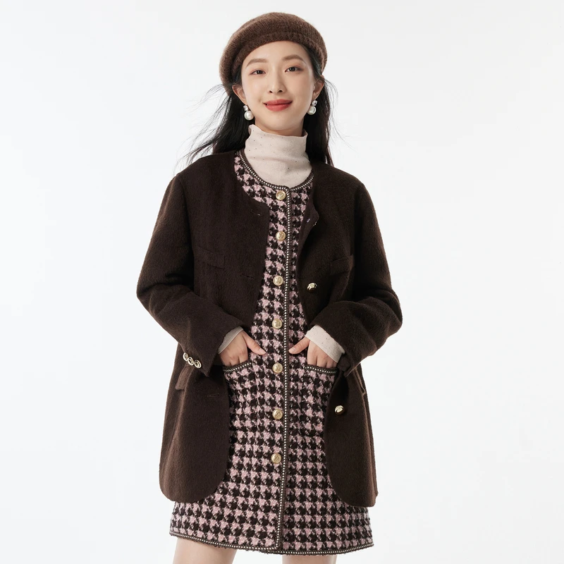 DOUBLOVE贝爱秋冬新款气质羊毛双面呢大衣一手长外套含驼绒桑蚕丝