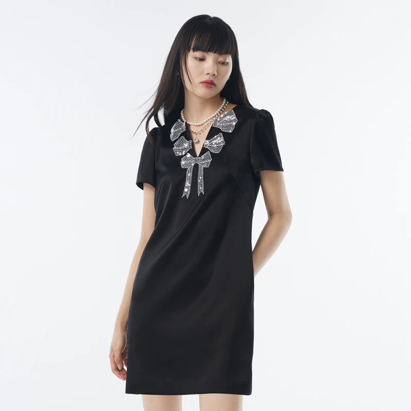 DOUBLOVE贝爱秋季款三醋酸直筒连衣裙气质小黑裙珠片重工小礼服裙